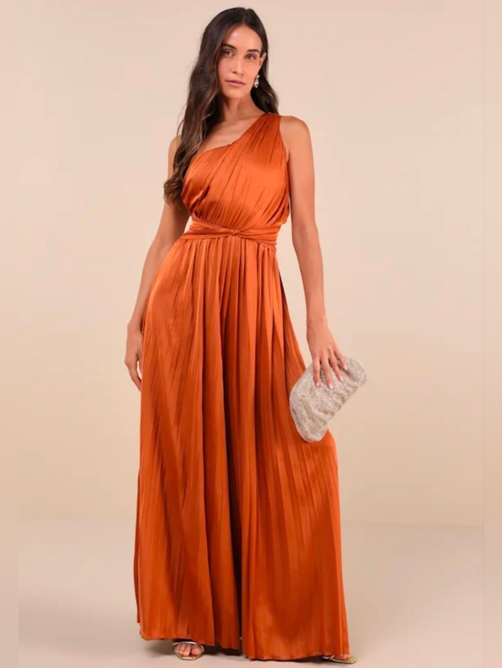 Lulu's Rust One-Shoulder Pleated Jumpsuit